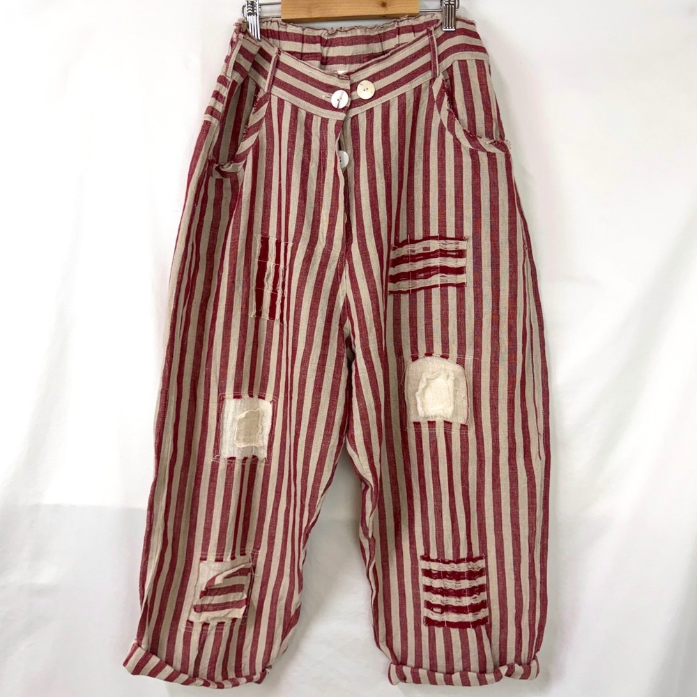 PAPER LACE Red Stripe 100% Linen Patchwork Lagenlook Wide Leg Pants L Boho Artsy
